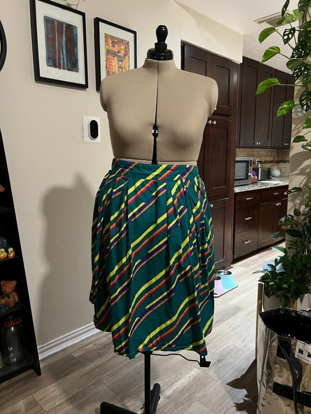 Green Striped Circle Skirt with Yellow and Red Accents